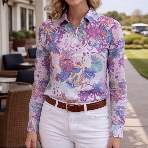 Tommy Bahama Tops - Tommy Bahama Linen Polyester Tropical Palm Shirt Women’s Sz Medium Long Sleeve